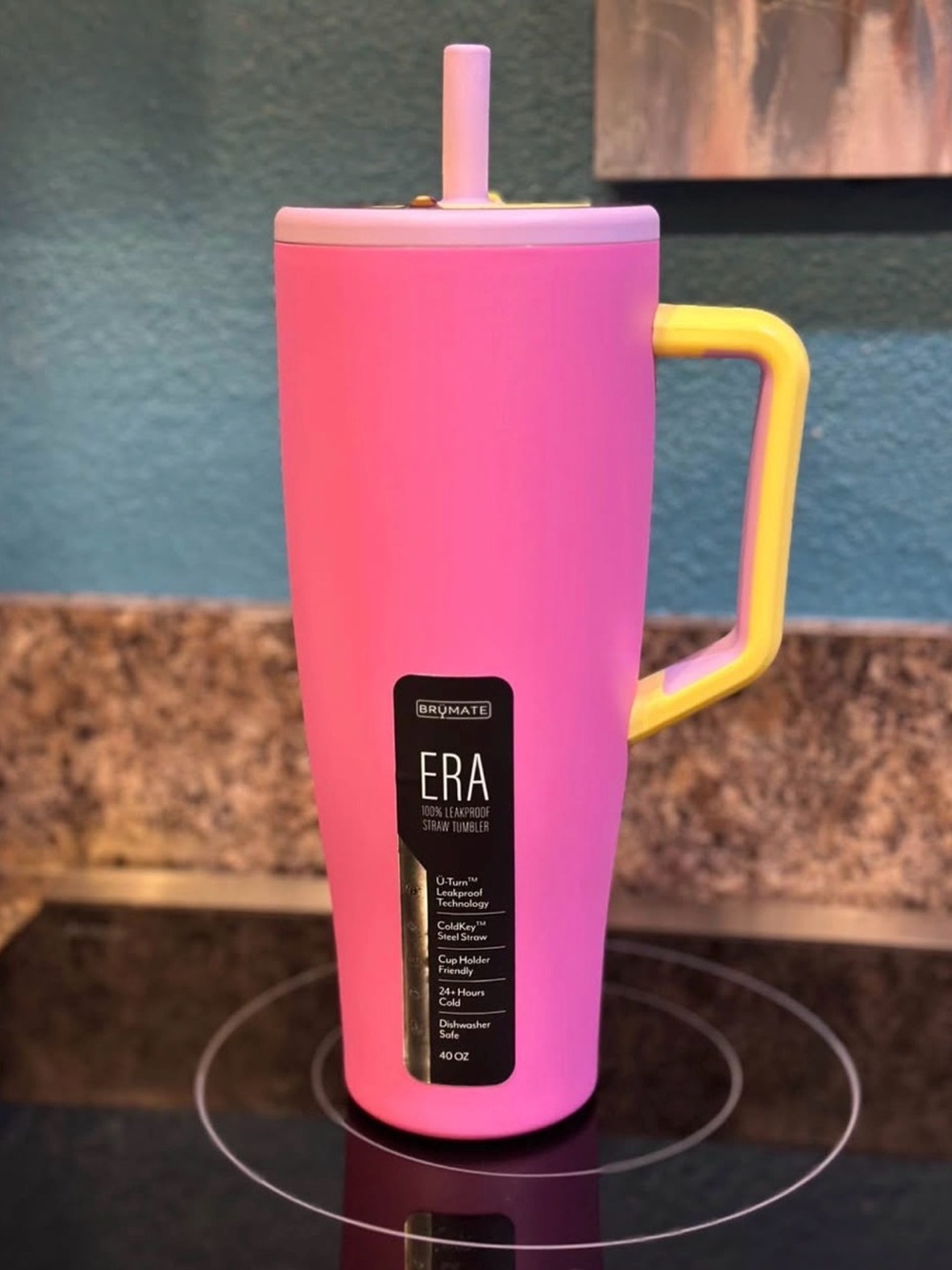 Brumate ERA 40oz Pink Travel Tumbler with Yellow Handle